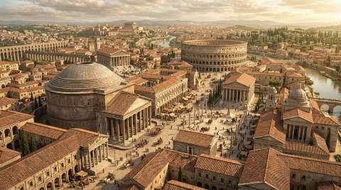Illustration of ancient Rome at golden hour, the Pantheon’s dome in front.