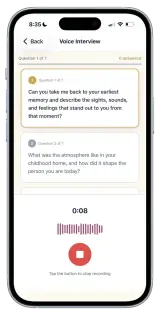 The Pantheon app’s Voice Interview screen. Question 1 of 7 asks about your earliest memory while your spoken answer is recorded.