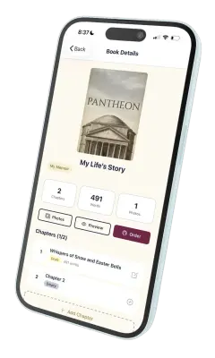 The Pantheon app showing the chapters of the sample book My Life’s Story, with an Order button.